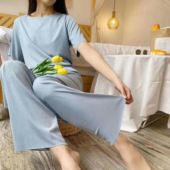 Casual Ice Silk Pajama Set with Round Neck T-shirt and Wide Leg Trousers