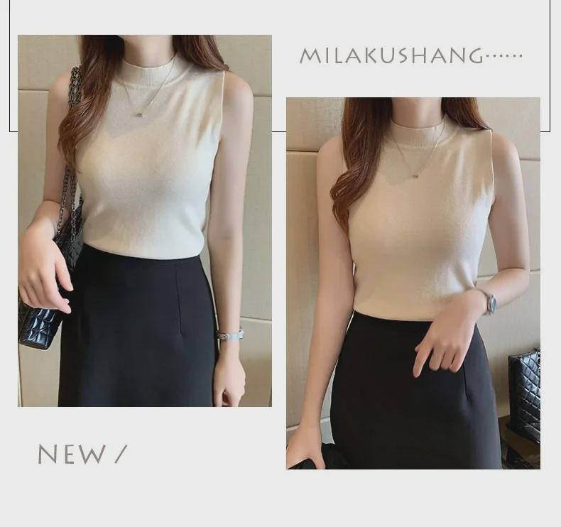 Damen Schickes Strick-Camisole: Ärmelloses Oberteil im französischen Stil mit halbem Rollkragen für Frühling und Sommer