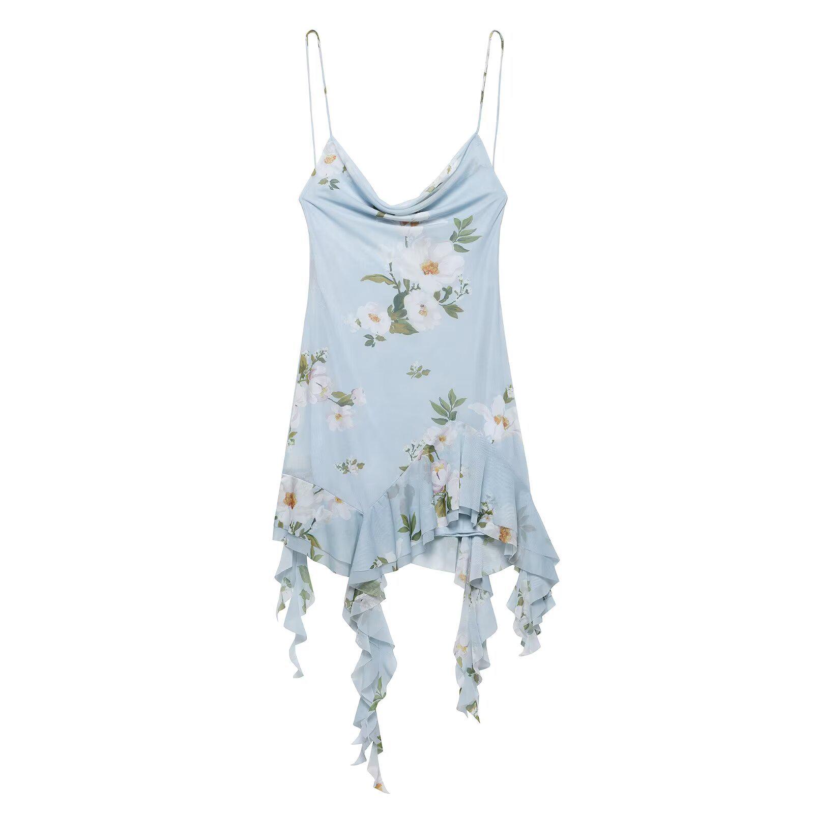 

2025 Spring/Summer Women s Slim Tassel Print Camisole Dress Small светло-синий