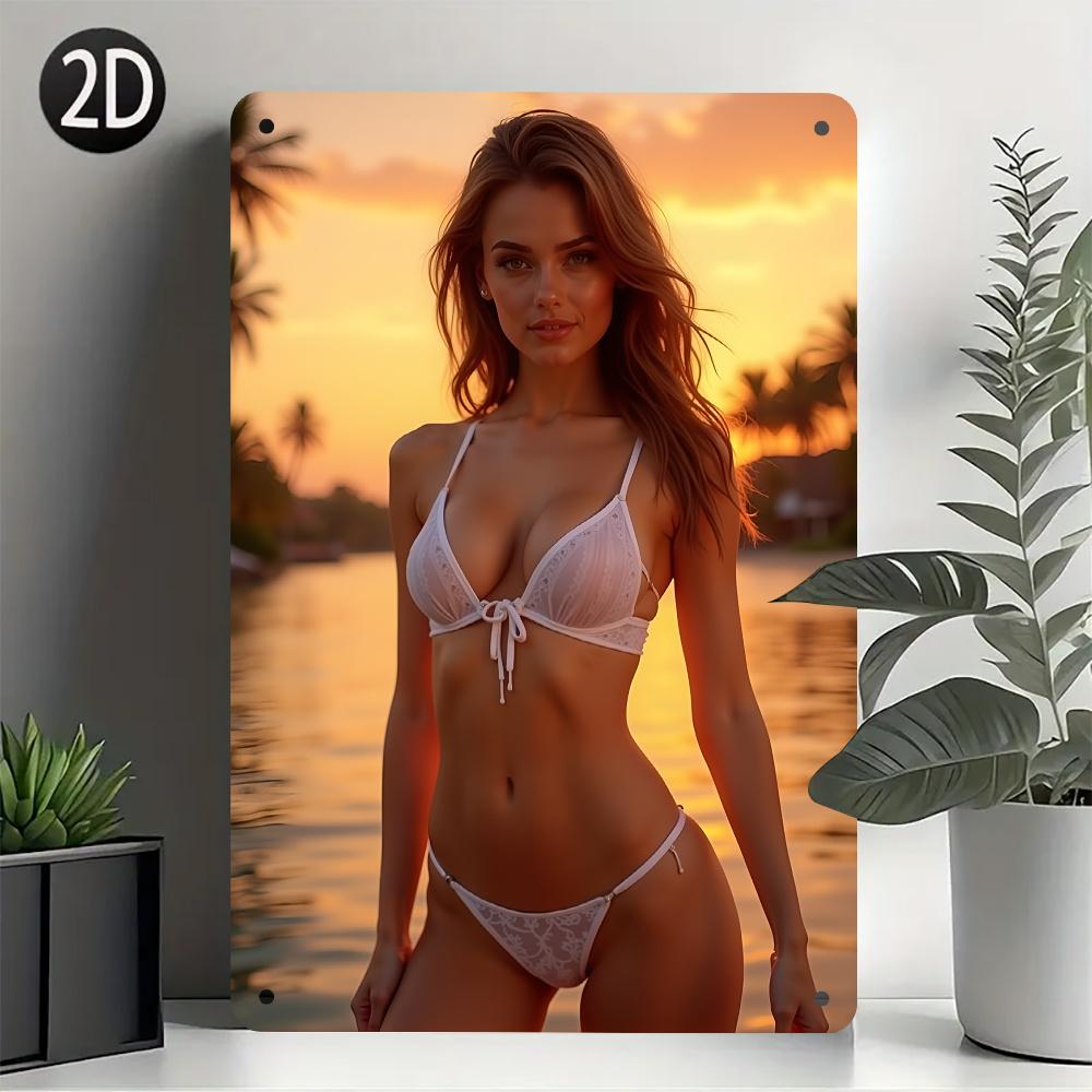 HD Metal Tin Sign Tropical Sunset White Bikini PinUp Girl Metal Wall Art Decor 20x30cm(7.8x11.8inch)
