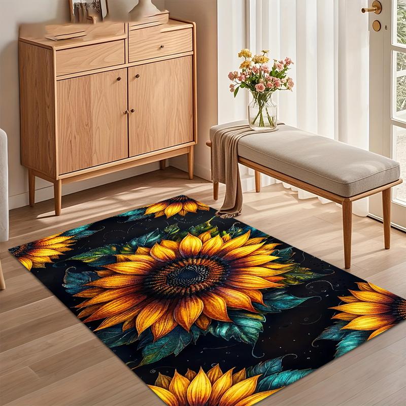 Striking Sunflower and Teal Leaf Print Area Rug, Soft Non-Slip Floor Mat for Living Room Bedroom Kitchen Home Decor
