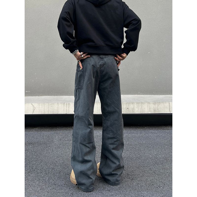Blaexit American-Style Distressed Gray Pleated Flared Cargo Pants for Men, Cleanfit Loose Casual Trendy Pants