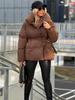 Women's Stand Up Collar Hooded Long Sleeved Zipper Glossy Thick Jacket for Winter