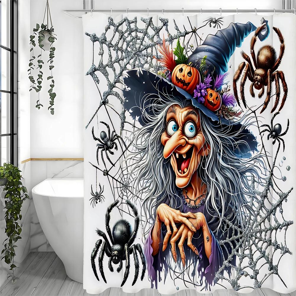 Halloween Wicked Witch Spider Web Spider Shower Curtain, Bathroom Decorative Shower Curtain, Waterproof Shower Curtain with Hook
