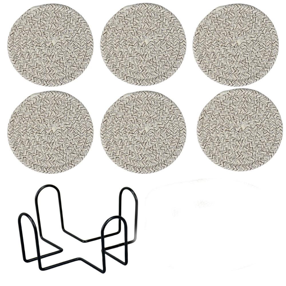 6Pcs Heat-resistant Woven Round  Coaster Set with Holder Tableware Mat Cup Coaster  Household