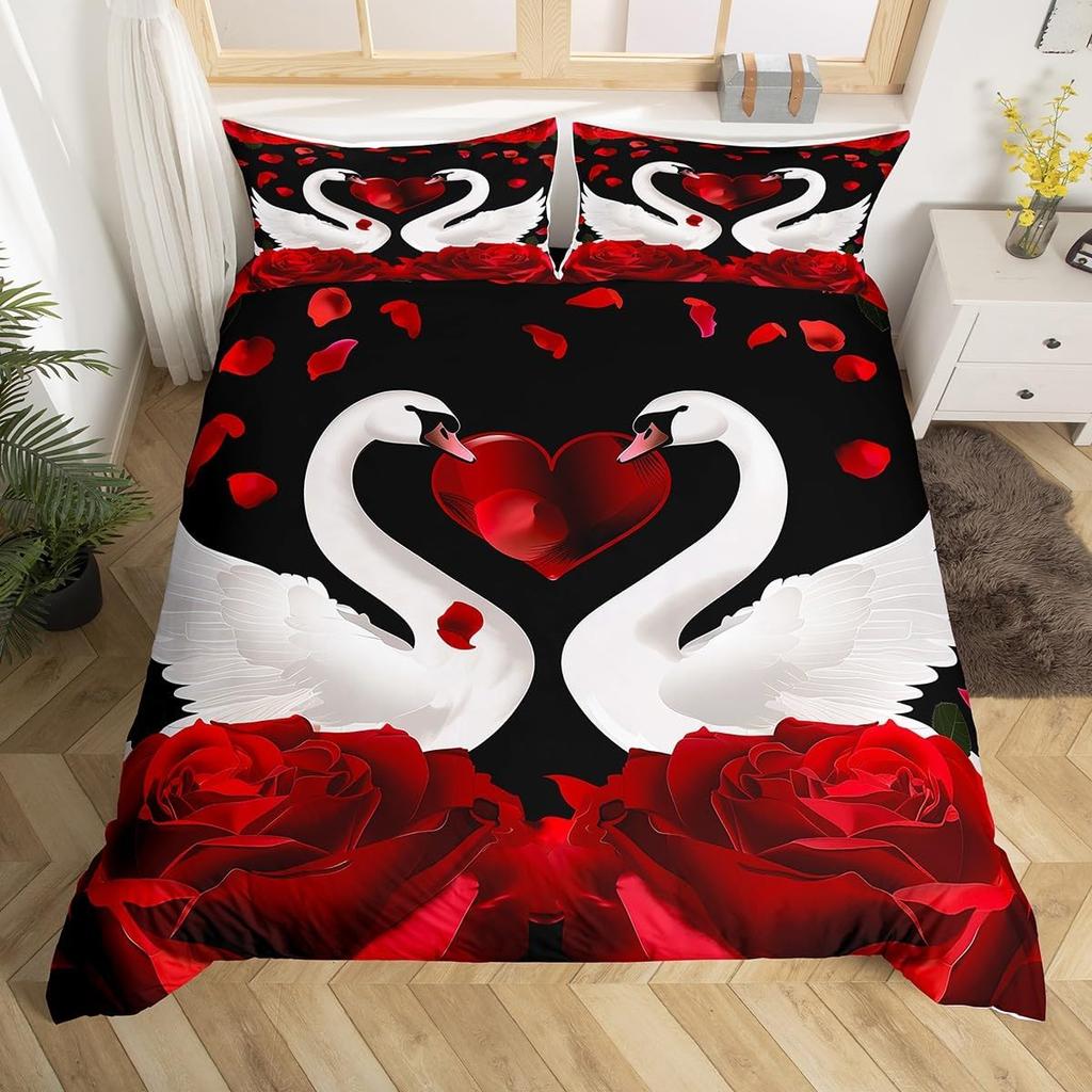 Comforter Romantic Swan Microfiber Flower Bedding Set Wild Animals Twin King For Girls Teen Adults Bedroom Decor