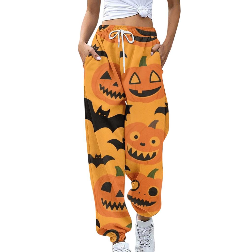 Damsportbyxor med fickor Mode Halloweentryck Elastisk midja Byxor Casual Sweatpants Byxor