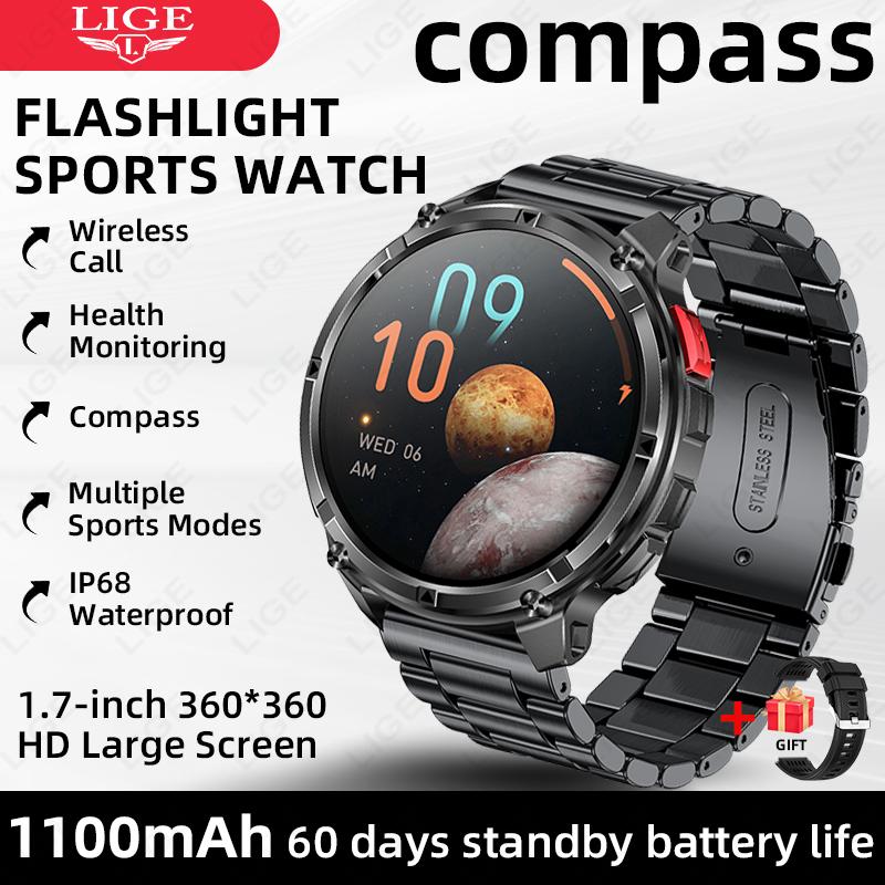New Military Smart Watch 1100mAh Battery Compass LED Flashlight Men Outdoor Sport Watches Bluetooth Call 1.7" HD Smartwatch