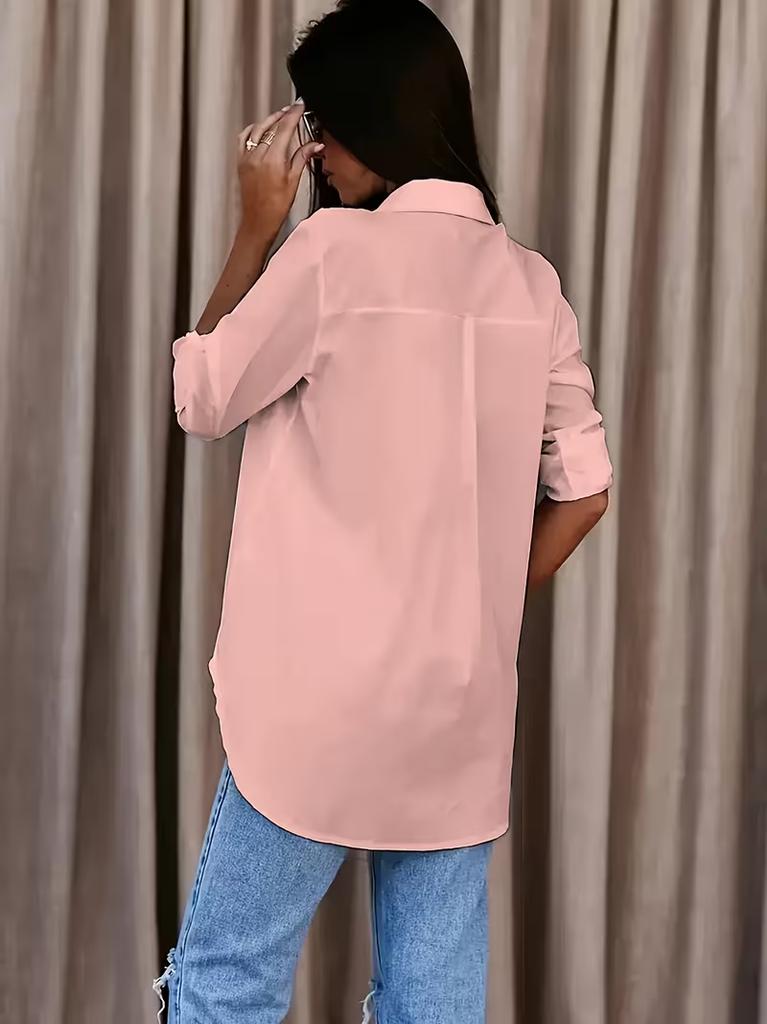 Ladies Casual Button Up Office Shirt Solid Color Long Sleeve Blouse with Collar Business Work Top for Daily Wear