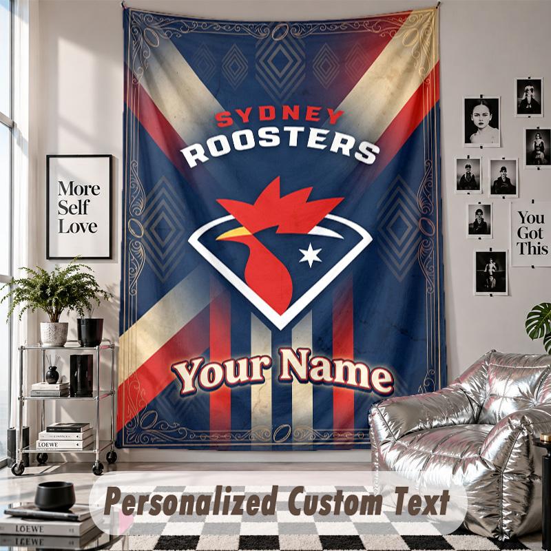 Wall Hanging Tapestry With Custom Name & Text, Sydney Roosters Decorative Tapestry For Bedroom