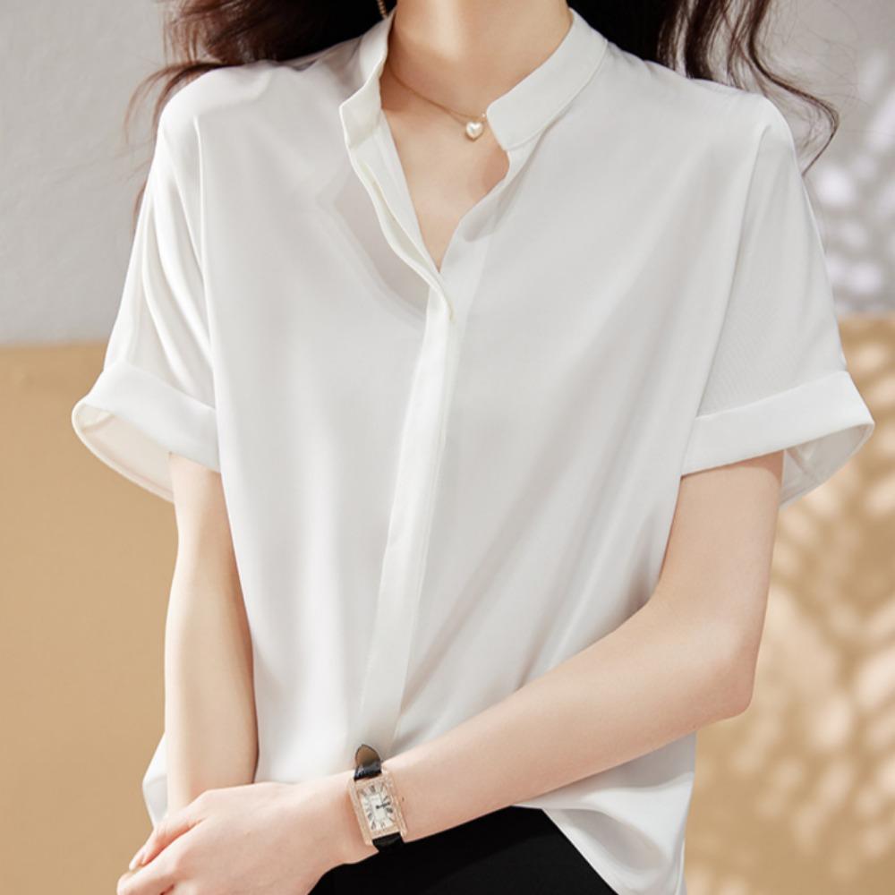 

GMXIA Женская летняя простая рубашка с V-образным вырезом для поездок на работу, женский темперамент, свободная тонкая универсальная шифоновая блузка XL белый