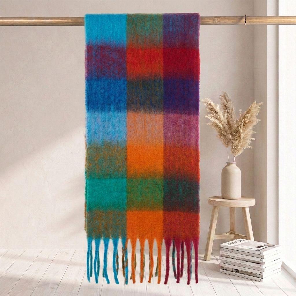 Women's High-Grade Colorful Plaid Mohair Scarf - Thick, Warm, and Versatile for Winter
