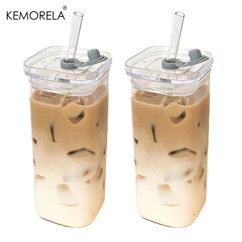 1/2/4/6 Stück Quadratische Hitzebeständige Kaffeeglastasse mit Deckel und Strohhalm Transparent Milch Tee Saft Kaffeetasse für Zuhause Bar Trinkgeschirr