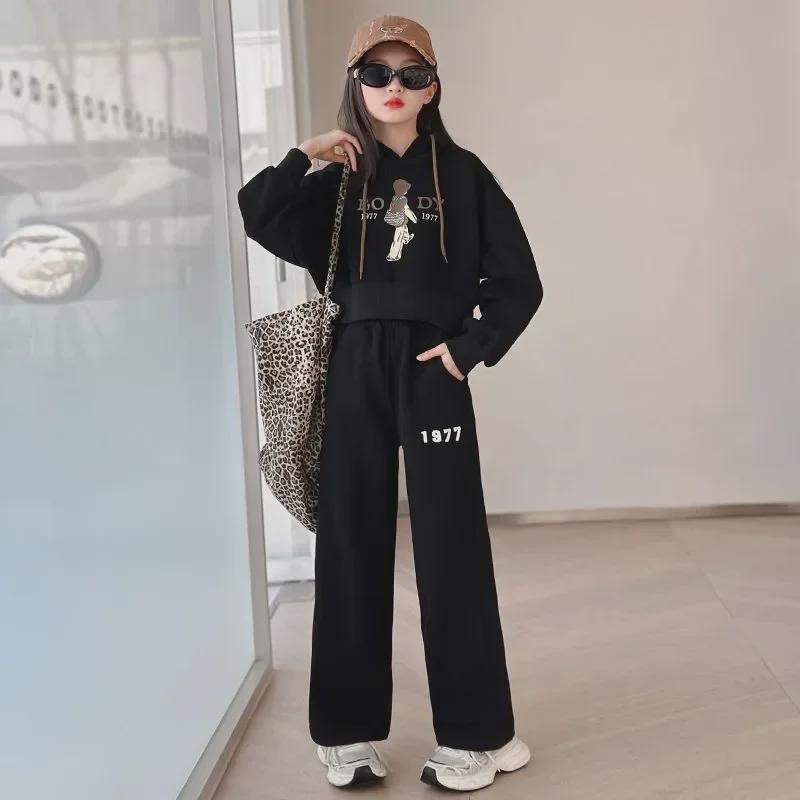 Girls' Spring/Autumn Letter Casual Hooded Sweatshirt & Trousers Set - Internet Celebrity Style Two-Piece Suit