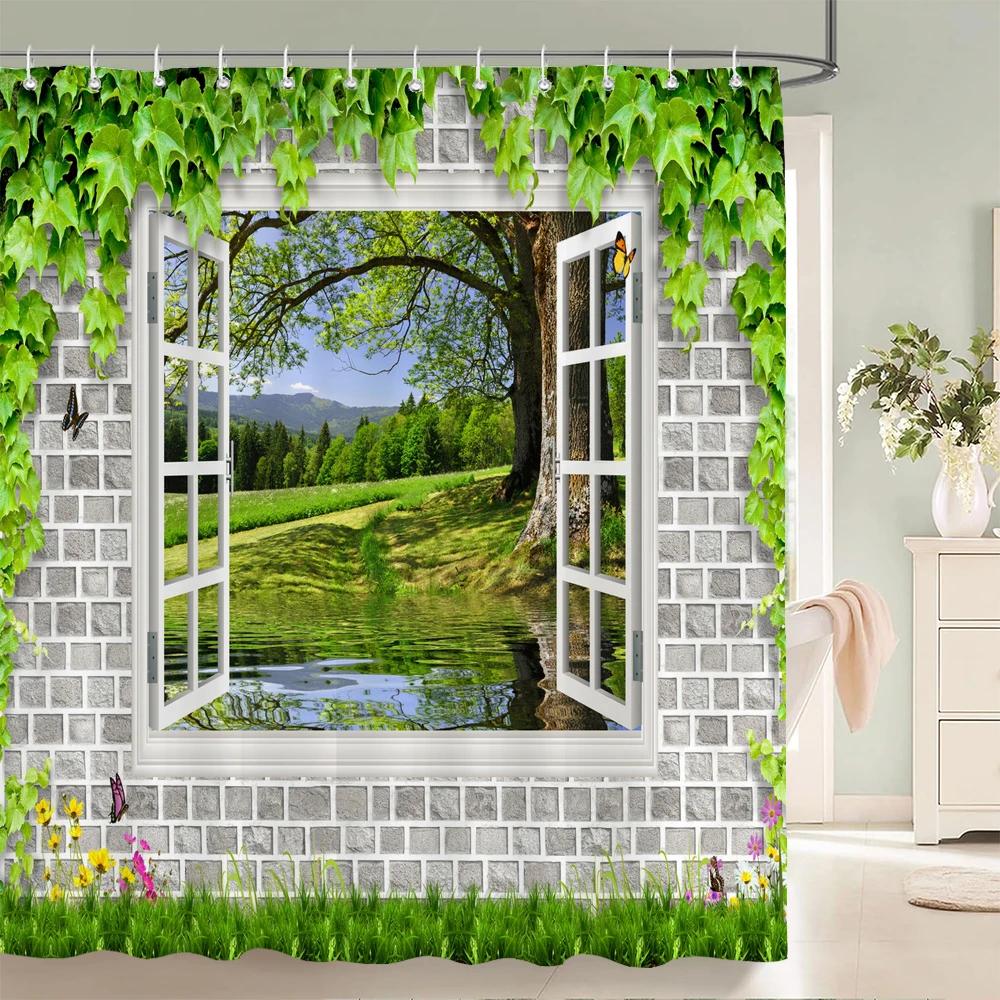 Flower Scenery In Rural Towns Printed Shower Curtain 3D Street Window Flower Landscape Printed Home Decoration Bathroom Curtain