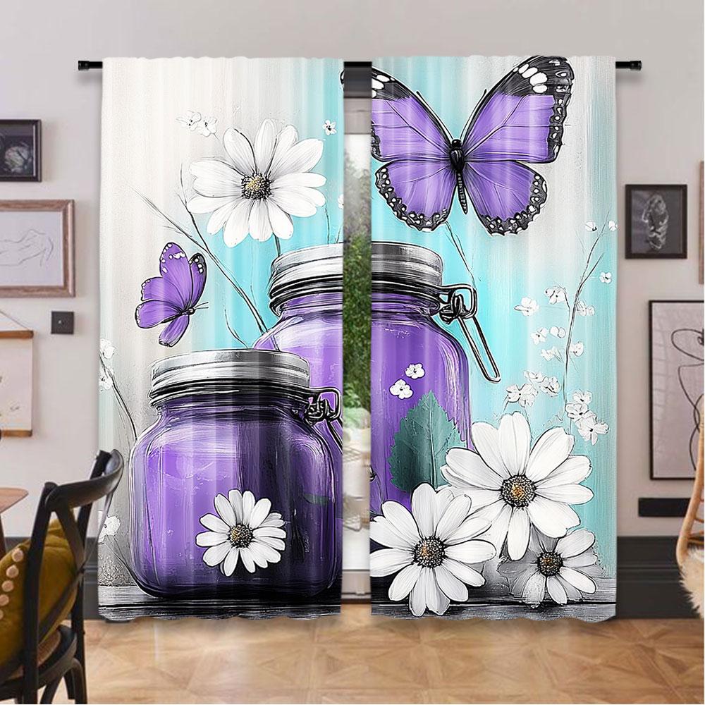 2Pcs Rustic Farmhouse Floral Curtain Purple Teal Daisy Flowers Butterfly Abstract Curtain Country Farm Turquoise Curtain