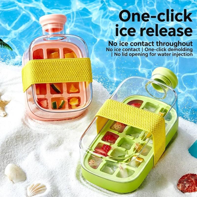 Food Grade Press Ice Cube Mold With Lid Portable 2 In 1 Ice Kettle Straw Dual Use Ice Making Artifact Kitchen Bar Ice Tray