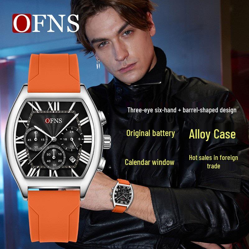 OFNS Tonnenförmige Retro Herren-Quarz-Wasserdichte Chronographenuhr mit Datum, Sechszeiger-Leuchtzeigerblatt und Modischem Farbblock-Design.