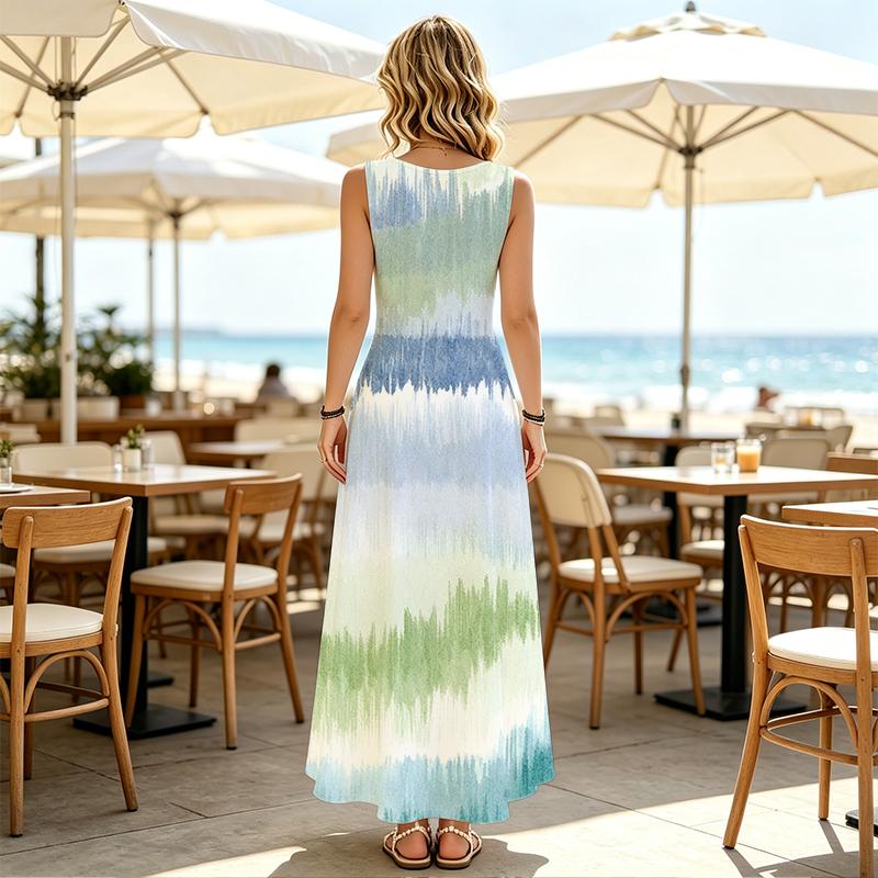 Sleeveless Maxi Dress,Women U Neck Sundress,Gradient Tie Dye Striped Print,Loose A Line Silhouette,Summer Beach Outfit,Flowy Holiday Long Gown