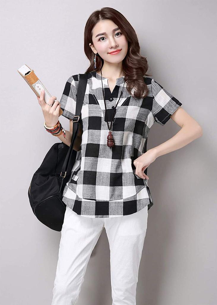 Summer Gingham Check Shirt Checkered Korean Casual Short Large Tunic Top [Sharphon] Women's Blouse, Black, Pattern, Style, Shirt, Sleeve, Size,