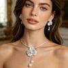 2Pcs/Set Women Necklace Earrings Set Hollow Flower Shape Imitation Pearl Decor Stud Earrings Adjustable Length Choker Necklace Set