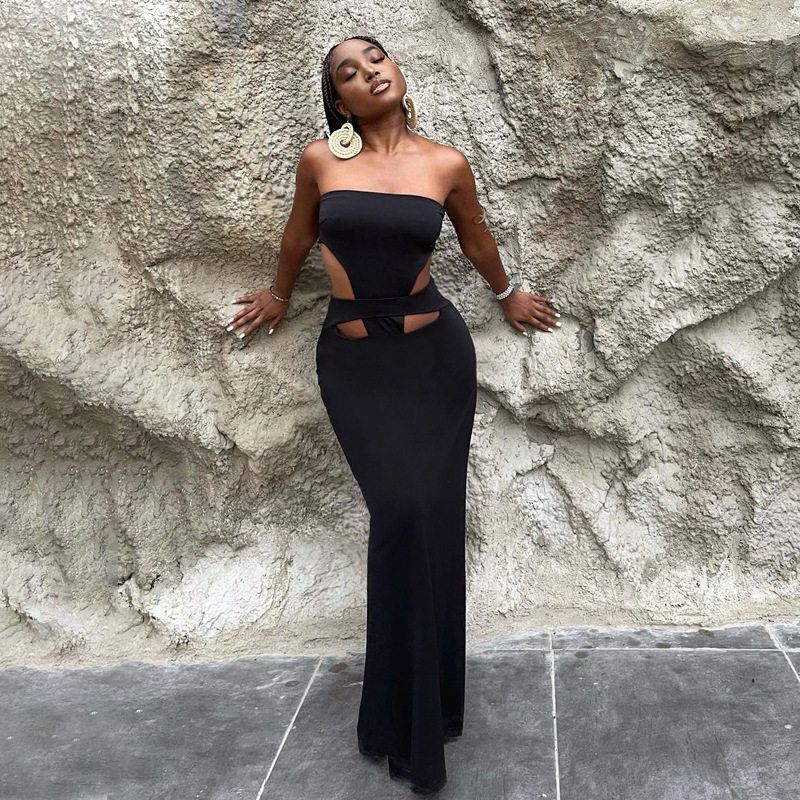 European and American Style Foreign Trade Hot-Selling Designer Dress 2023 New Women's Tube Top Style Hollow-Out Slit Dress