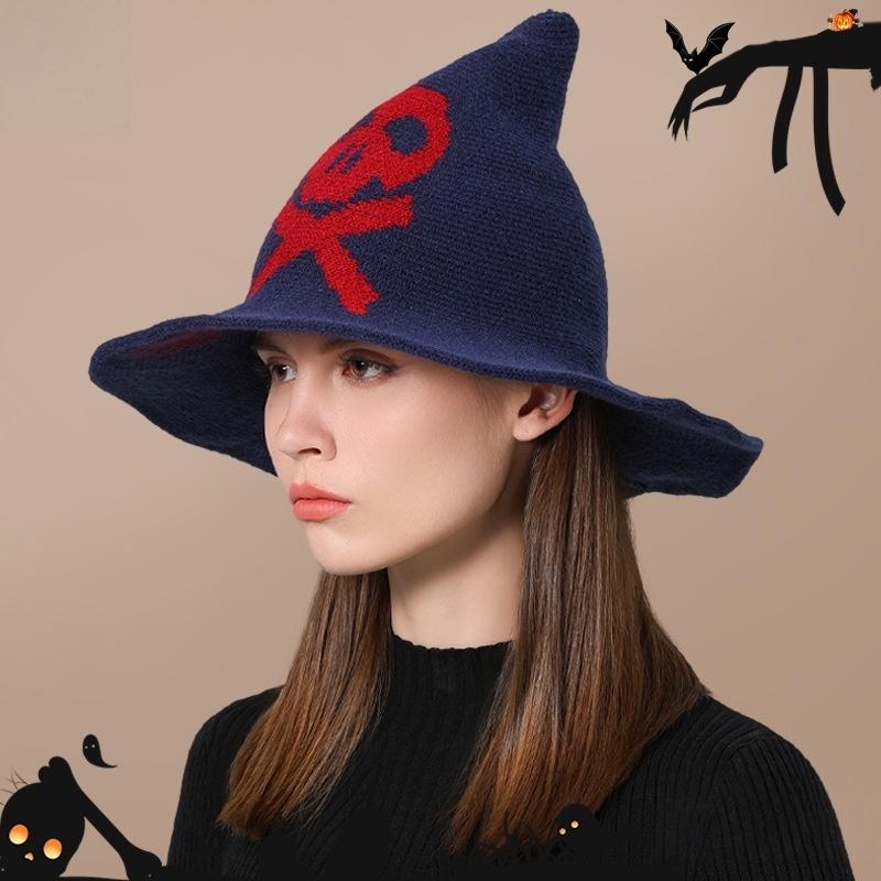 Gothic Spooky Witch Hat Women Knitted Wide Brim Skull Pattern Pointed Hat for Halloween Cosplay Punk Theme Party Holiday Dress U