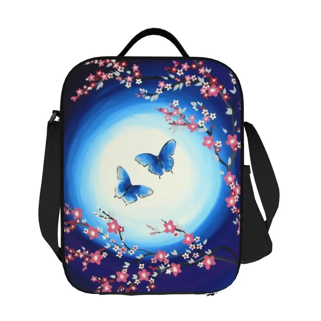 Japanese Cherry Blossoms Butterflies Thermal Insulated Lunch Bag Flower Floral Lunch Tote for Office Outdoor Bento Food Box