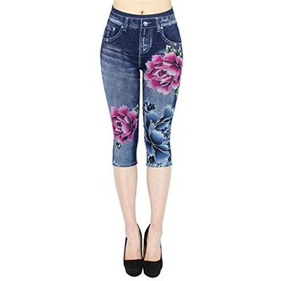 Taklit Jean Baskılı Tayt Kot Jegging Pantolon Push Up Yüksek Elastik Diz Pantolonu Dar Kesim Pantolon