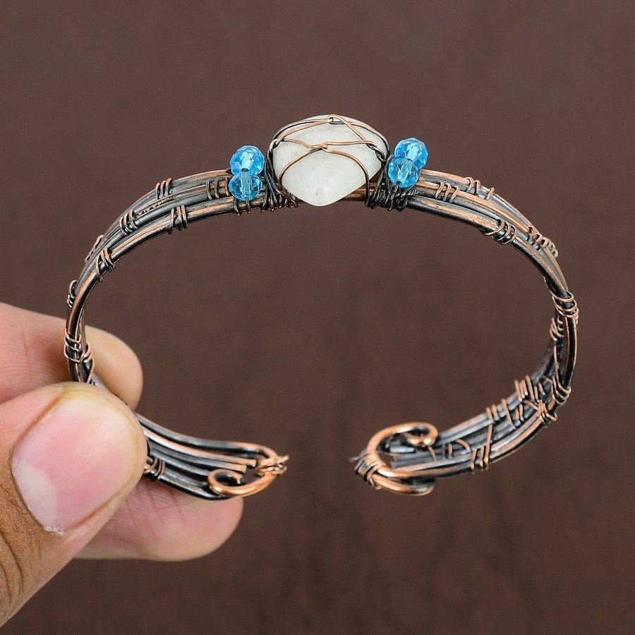 Natural Rainbow Moonstone Gemstone Copper Wire Wrap Cuff Bangle Adjustable z8W59