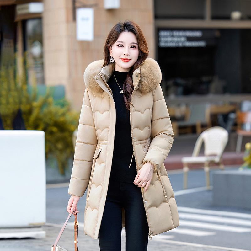 Women's Mid-Length Winter Fur Collar Hooded Cotton Jacket - Fashionable Slimming Warmth