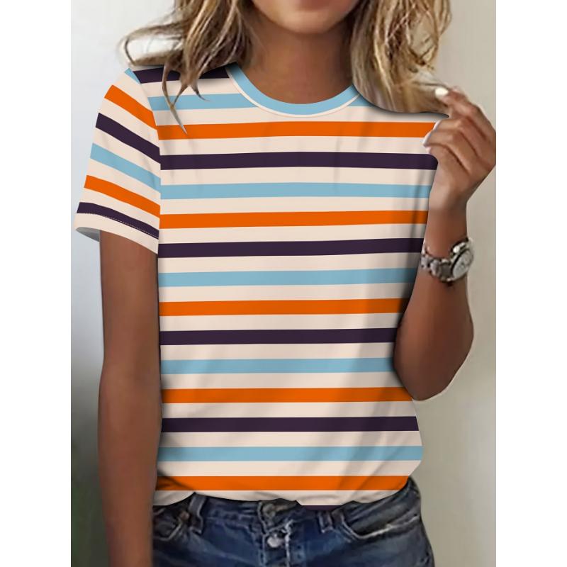 Summer New Round Neck Loose Short Sleeve Retro Casual T-shirt Women's 3D Casual Color Printing