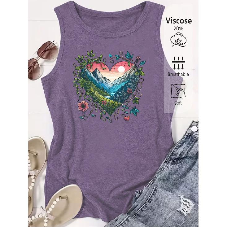 Elegant Vest for Women Heart-shaped mountain view print casual loose summer vest Fashionable and elegant tops for commuting, vacation, and everyday
