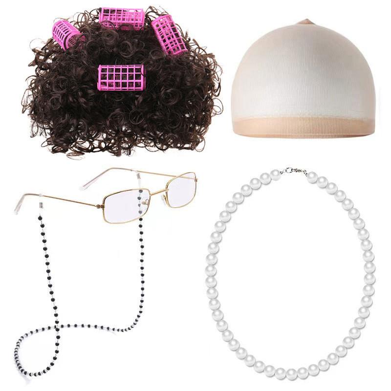 Set Parrucca Riccia da Nonna Corta Per Costume di Halloween Con Vari Colori alla Moda