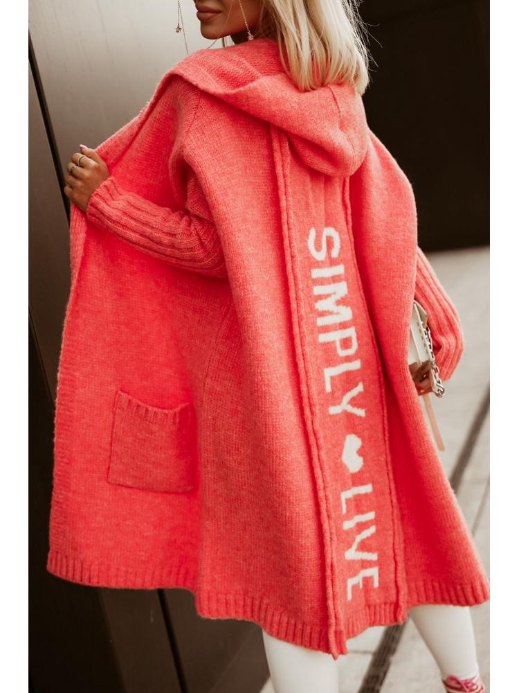Autumn/Winter Hooded Long Cardigan Sweater with Turn-Down Collar and Letter Knit Design