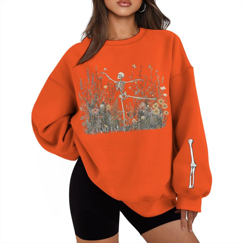 Halloween Skeleton Graveyard Print Sweatshirt Vintage Spooky Season Streetwear Fun Halloween Pullover For Men Women