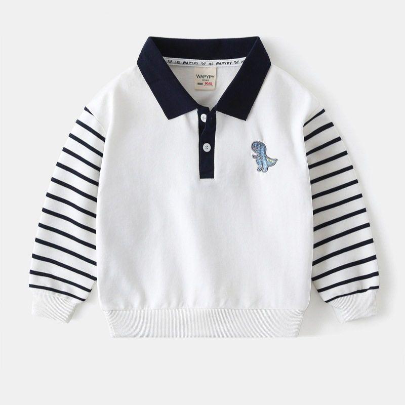 Spring and Autumn Children's Clothing Boys Long Sleeves Sweatshirt Kids Patchwork Sleeve Pullover Clothes Baby Dinosaur Embroidered Lapel Clothes