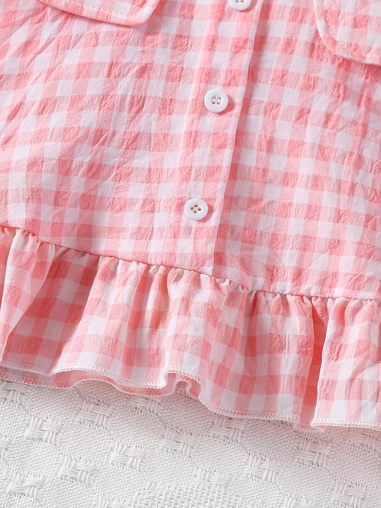 Baby Girls Spring Summer Sweet Strawberry Plaid Short Sleeve Shirt Set, Adjustable Straps, Cute Doll Collar, Daily Wear