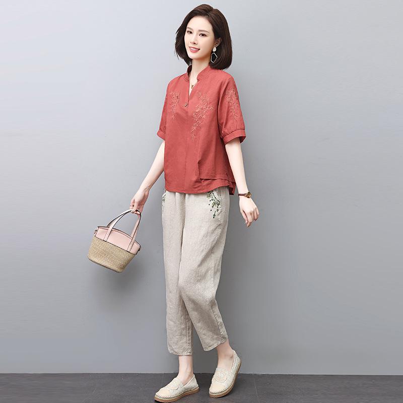 

Летний женский повседневный комплект из двух предметов из хлопка и льна - Легкий топ из рами и низ свободного кроя XX-Large