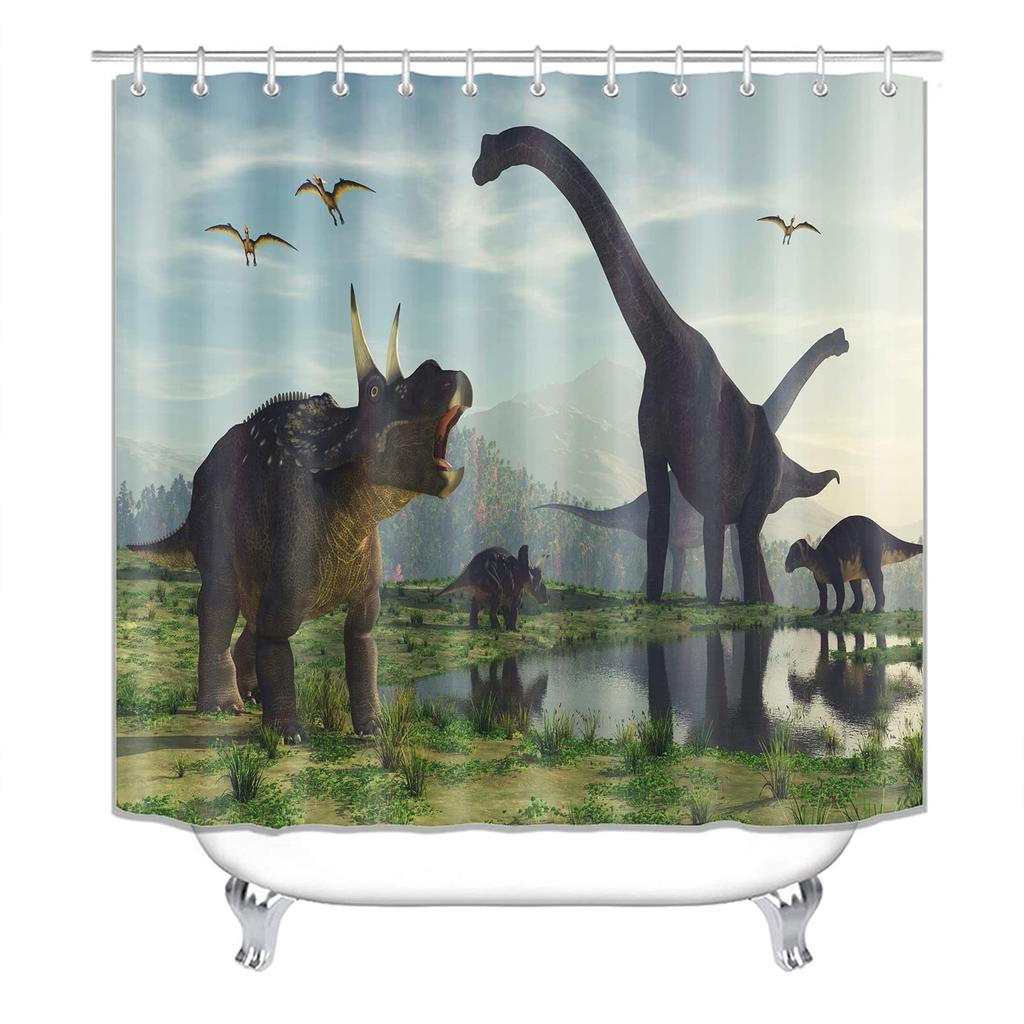 Dinosaur Shower Curtain For Bathroom, Funny Jurassic Dino World Park Shower Curtain Sets Bathtub Decor With Hooks Waterproof