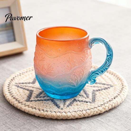 Non-slip Handle Cup Sea Glass Sunset Mug Thickened with Wave Texture Gradient Color Drinking Water Non-Slip Glassware for Coffee Juice Iced