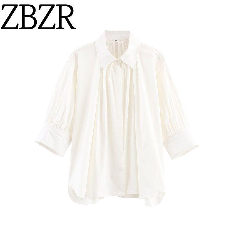 Zbzr Autumn New Women Clothes Western Style Versitile Fashion Solid Fluffy Sleeve Pleated Shirts