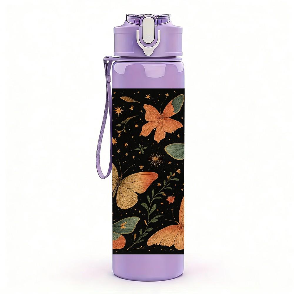 1PC Dark Butterfly Floral Square Pattern 750ml Color Plastic Sports Water Bottle Leakproof Flip Straw Lid Suitable for Sports Office Home Use