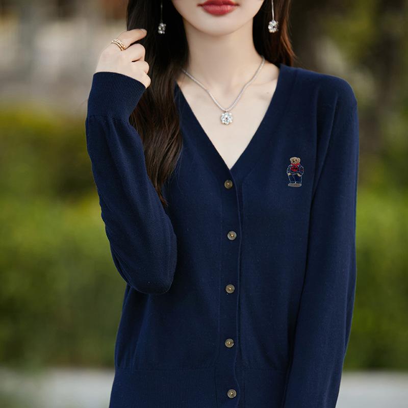 

Женский вязаный кардиган с вышитым медведем, осенний ленивый стиль, длинный рукав, V-образный вырез, трикотаж XXL темно-синий