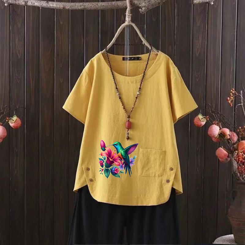 2025 Summer Bird Print V-neck Cotton Hemp Women's T-shirt - Perfect for Everyday Style