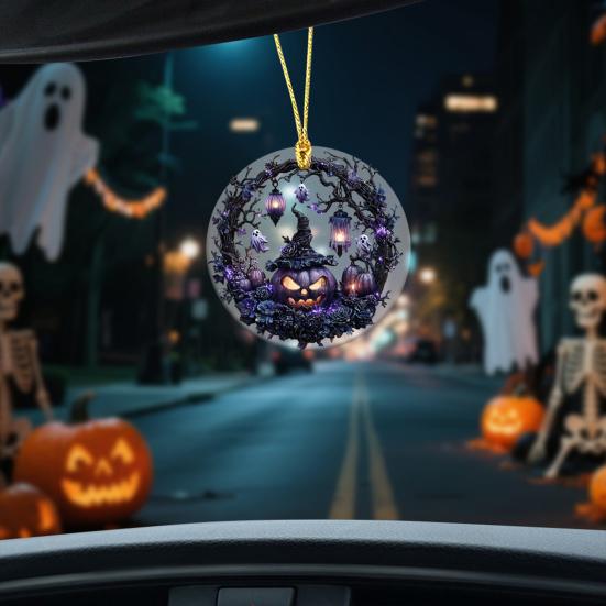 Halloween Pumpkin Witch Pendant Car Rearview Mirror Hanging Ornament 2D Flat Acrylic Bag Charm Festive Gift for Car Enthusiasts