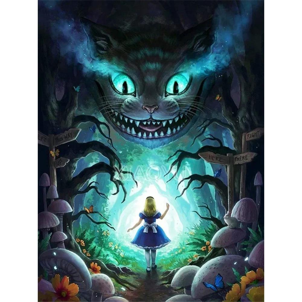 Disney Diamond Painting Alice and Cheshire Cat Themed Artwork Cartoon 5D Diamond Cross Stitch Mosaic Home Decor Gift Round 20x30cm