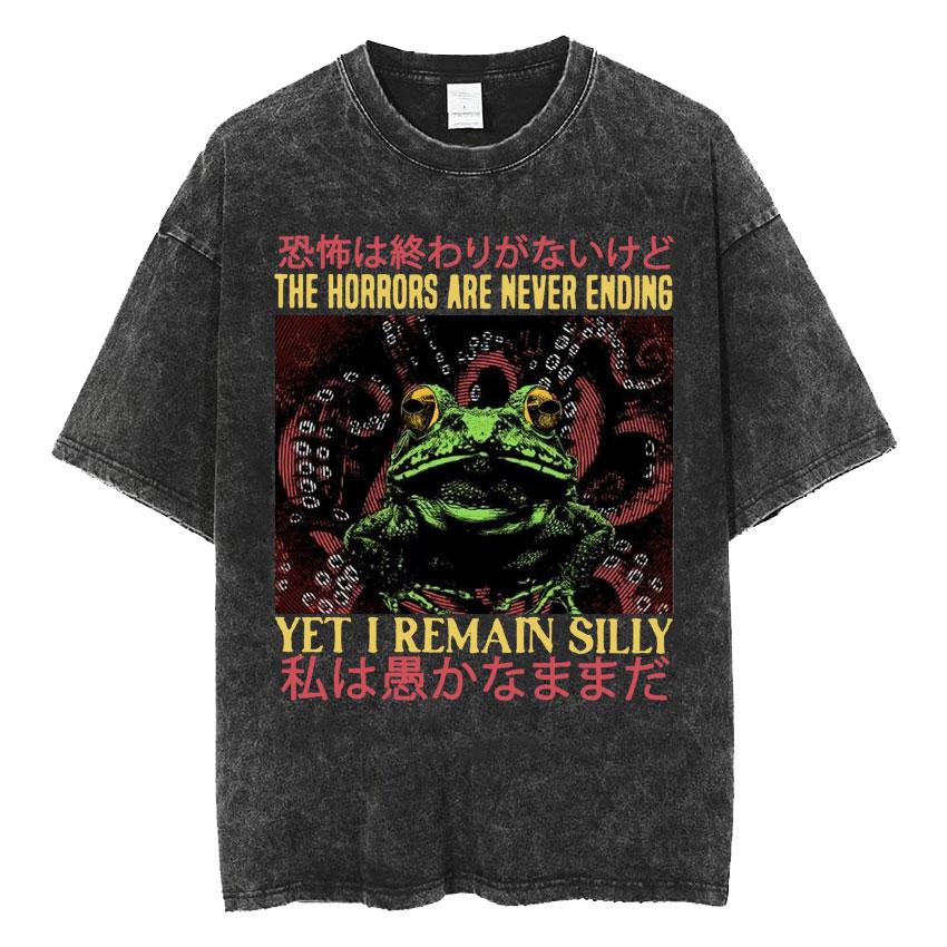 New Arrival Washed The Horrors Are Never Ending Yet I Remain Silly Funny Japanese Style Frog Men Clothing Top Tees Mens TShirt