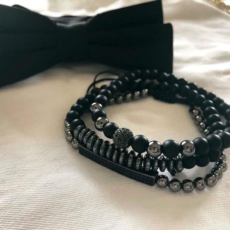 Black Matte Copper Inlaid Zirconium Diamond Ball Flying Saucer Long Bracelet Bracelet Set Wholesale Men's Woven Bracelet