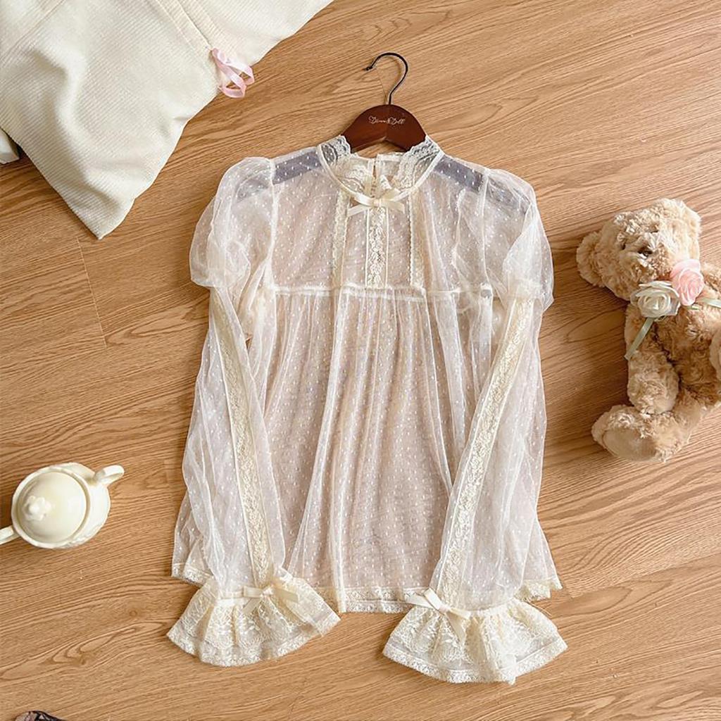 XHSUKADO Lolita Lolita Lace Balloon Princess Long Blouse One Size Fits All Women's Blouse, Innerwear, Blouse, Blouse, Ruffled, Sheer, Sleeves, Tulle,
